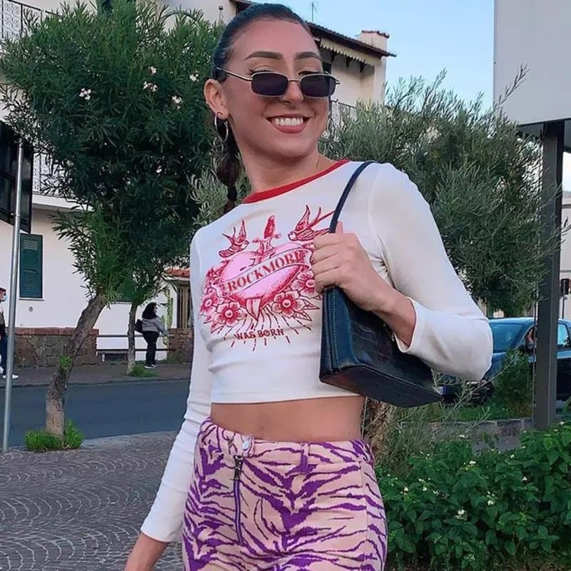 Cute Retro Rock Heart Aesthetic Print Crop Top Long Sleeve Shirt Tee T-shirt Punk Goth Summer Casual E-Girl Kawaii Korean Japanese Harajuku Streetwear