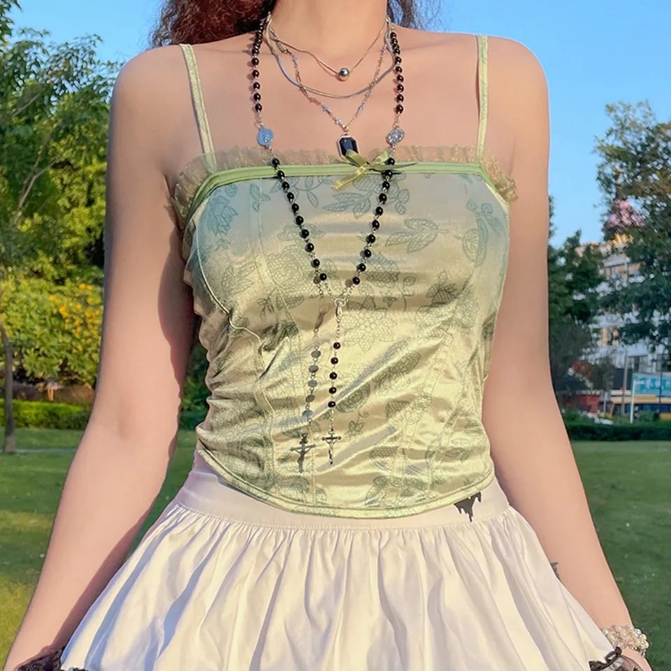 Green Floral Frill Crop Top