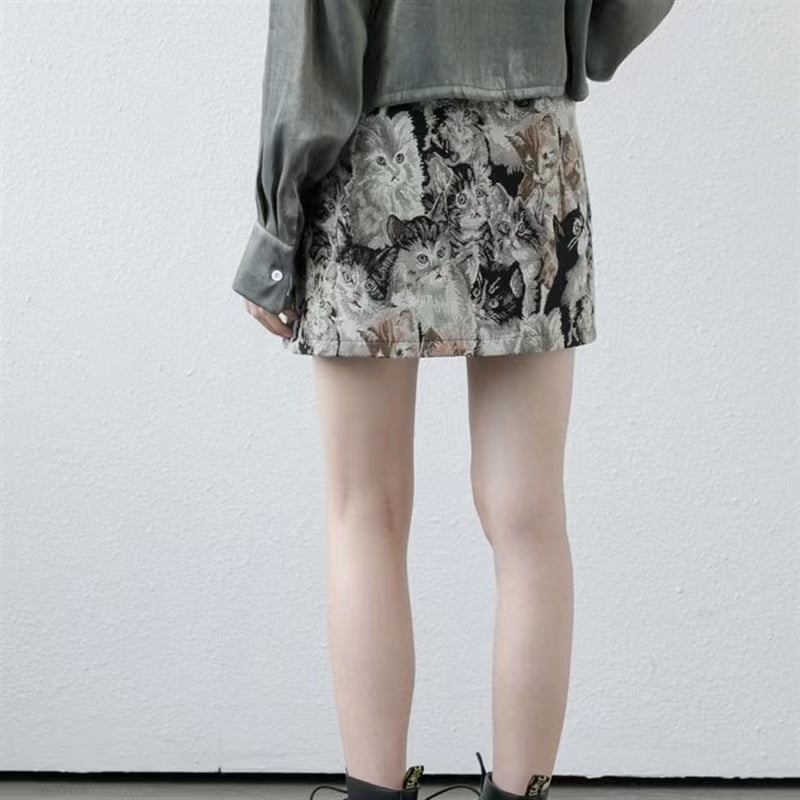Vintage Cat Print Mini Skirt