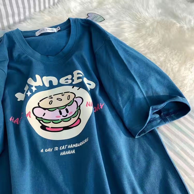 Burger Japanese Anime Print Loose Short Sleeve T-shirt