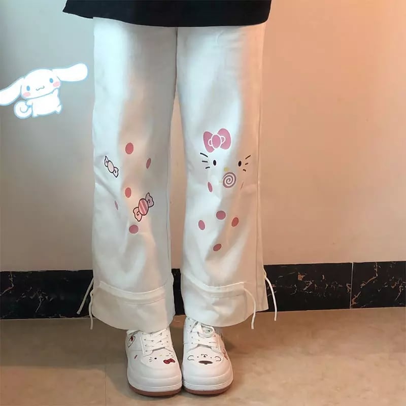 Cute White Kitty Cat Cartoon Print High Waisted Straight Pants Trousers Aesthetic Casual Summer E-Girl Kawaii Korean Japanese Harajuku