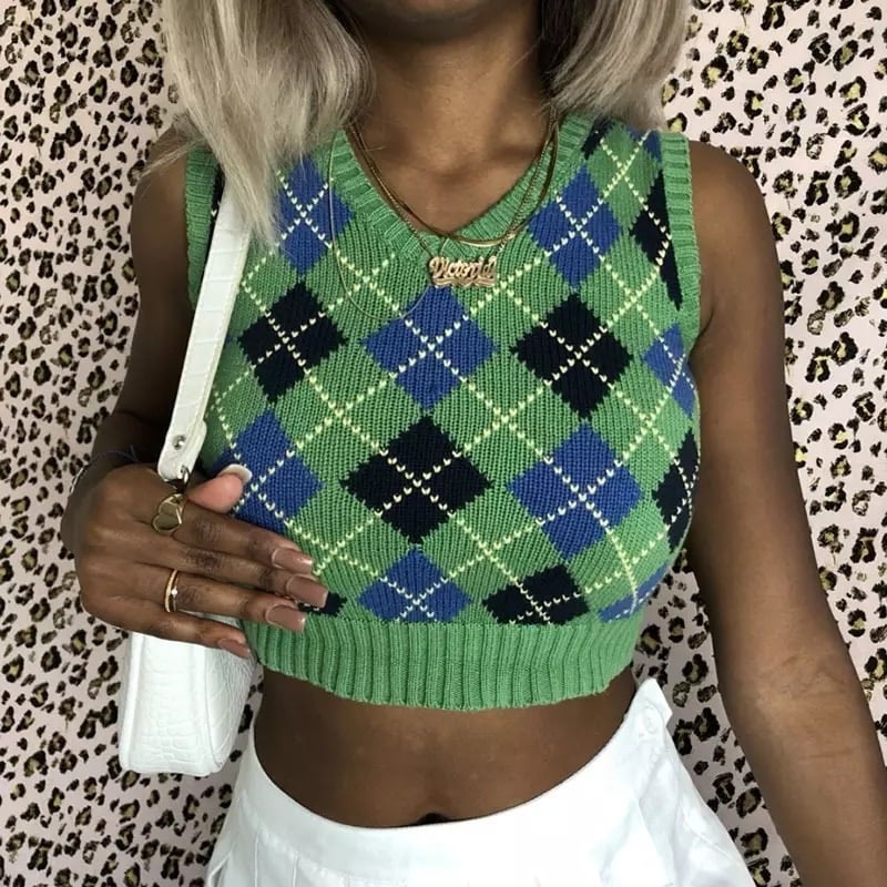 Vintage Plaid V Neck Sleeveless Sweater Vest Knit Crop Top Preppy Causal Pullover E-Girl Kawaii Korean Japanese Harajuku Streetwear