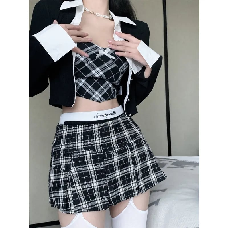 3PCS Plaid Patchwork Camisole + Pleated Skirt + Long Sleeve Shirt