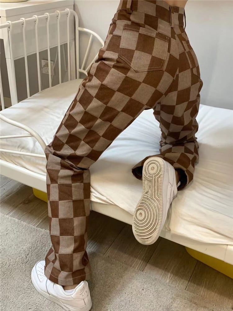 Brown Checkered High Waist Wide Leg Pants