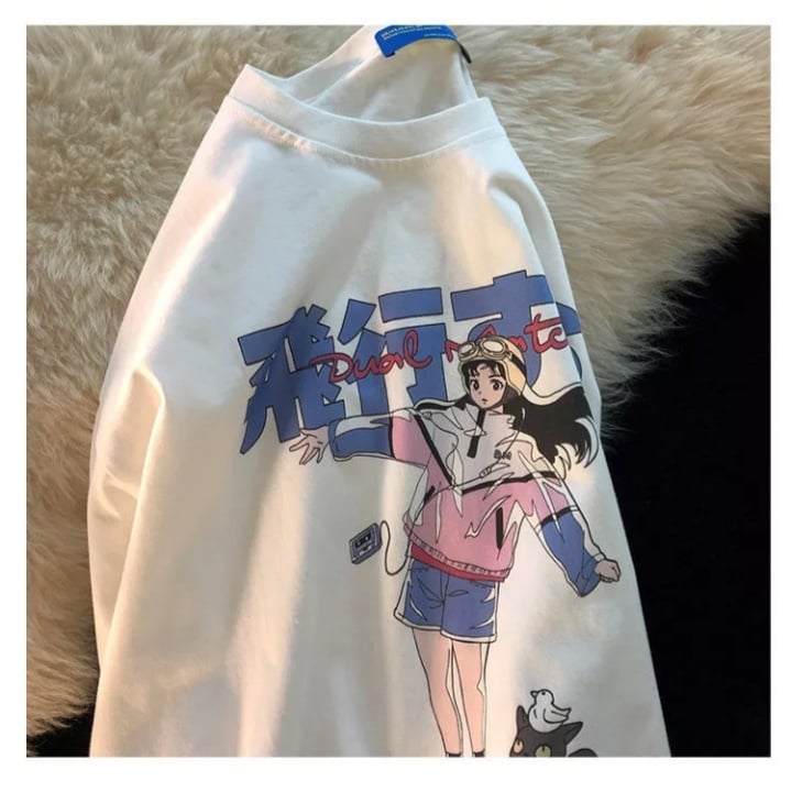 Cute White Graffiti Anime Girl Cat Cartoon Print Oversized Short Sleeve Shirt Punk Aesthetic Casual E-Girl Kawaii Korean Japanese Harajuku
