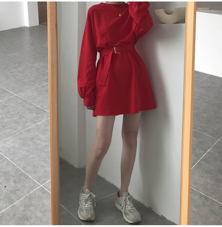Cute Solid Color Long Sleeve T-shirt Shirt Dress With Belt Loose Oversized Woman Spring Autumn E-Girl Kawaii Korean Japanese Harajuku Retro Streetwear