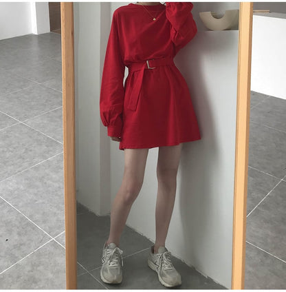Cute Solid Color Long Sleeve T-shirt Shirt Dress With Belt Loose Oversized Woman Spring Autumn E-Girl Kawaii Korean Japanese Harajuku Retro Streetwear
