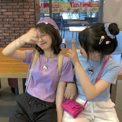 Cute Cat Kitten Embroidery Anime Cartoon Crop Top Short Sleeve Shirt T-shirt Top Summer Casual E-Girl Kawaii Korean Japanese Harajuku Streetwear