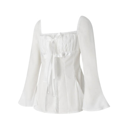 Square Collar Lace Up Flare Sleeve Shirt