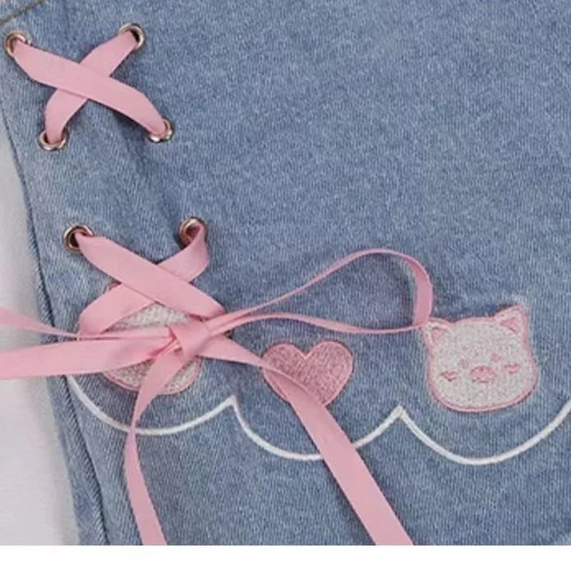 Cat Embroidery Pink Ribbon Denim Shorts
