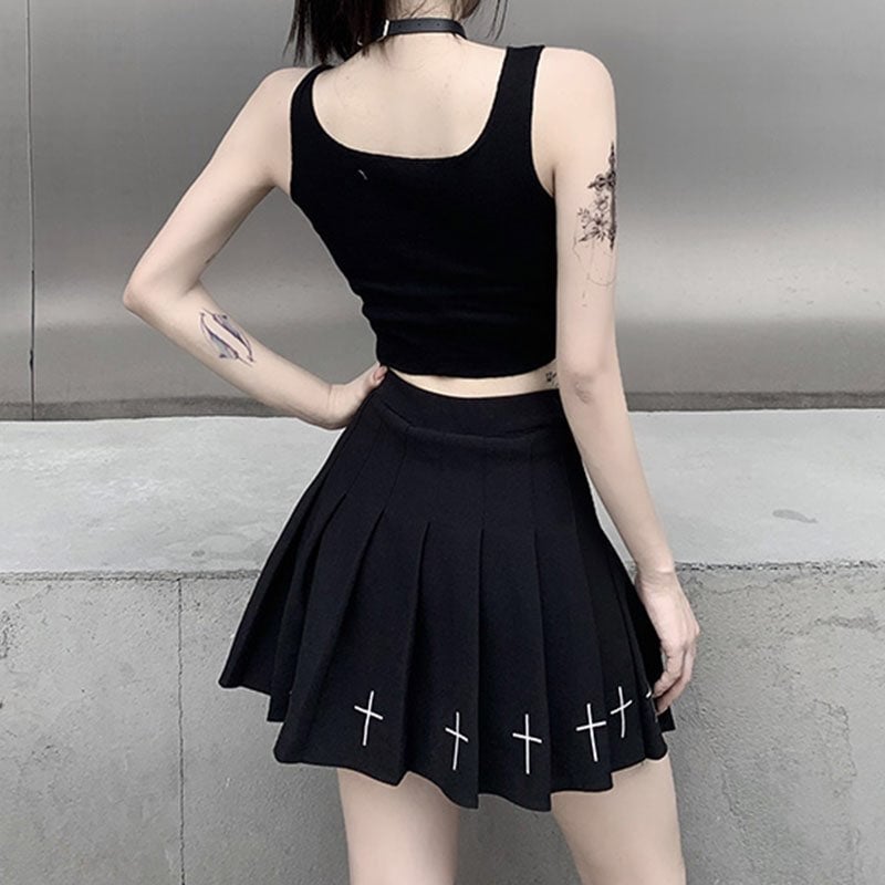Cute Sexy Black White Patchwork Print Tank Crop Top Sleeveless Shirt Punk Bodycon Aesthetic Goth E-Girl Kawaii Korean Japanese Harajuku Streetwear