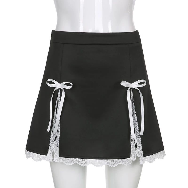 Cute Black Maid Lace Trim Mini Skirt 90s Party Summer Aesthetic Casual E-Girl Kawaii Korean Japanese Harajuku