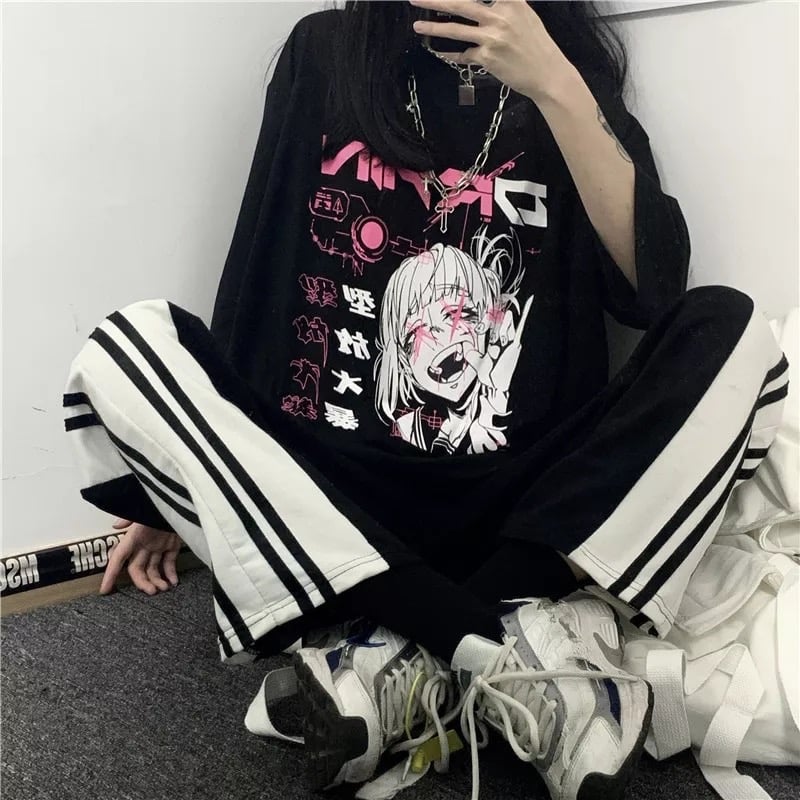 Cute Japanese Girl Punk Goth Print Graphic Casual Short Sleeve Shirt Tee T-shirt E-Girl Kawaii Korean Japanese Harajuku Retro Streetwear Aesthetic