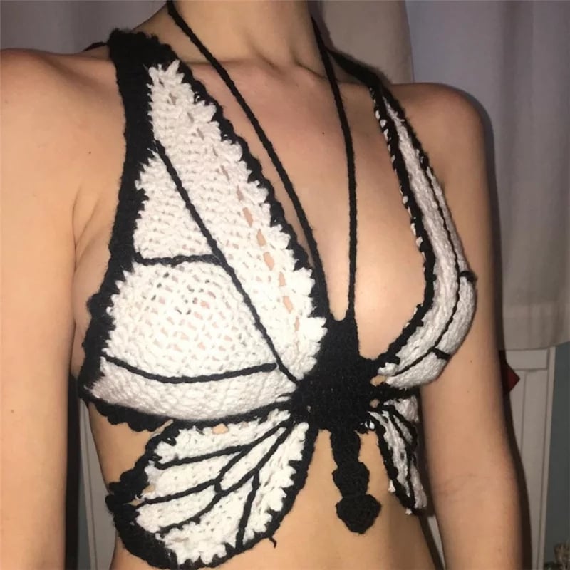 Cute Sexy Butterfly Crochet Halter Sleeveless Shirt Crop Top Camisole Beach Tunic Party Summer Aesthetic Casual E-Girl Kawaii Korean Japanese Harajuku