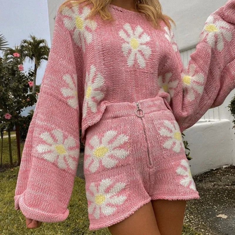 Floral Knit Long Sleeve Pullover + Shorts