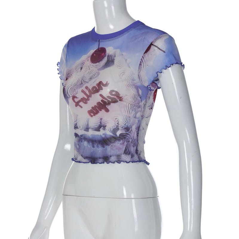 Angel Cake Print Ruffle Short Sleeve Shirt