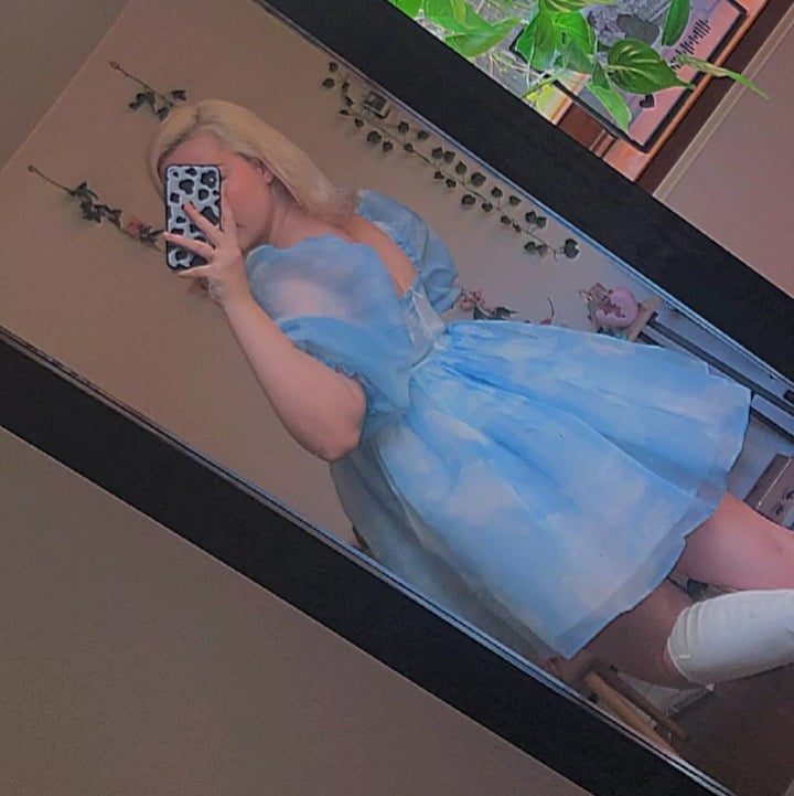 Cute Sexy Blue Cloud Sky Princess Square Neck Puff Sleeve Mini Party Dress Summer Aesthetic E-Girl Kawaii Korean Japanese Harajuku