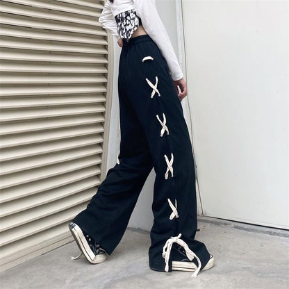 Black Side Bow Bandage High Waist Trousers