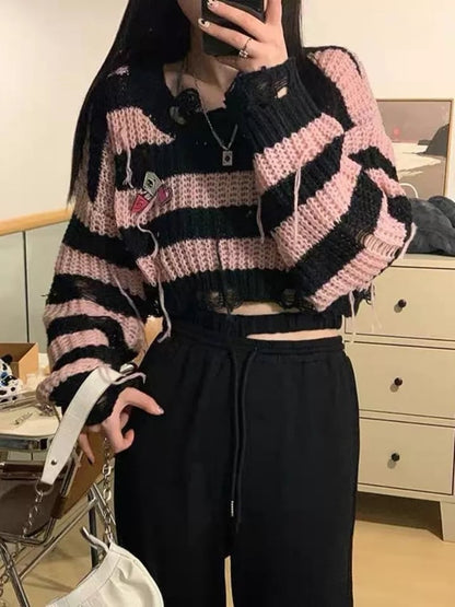 Black & Pink Striped Knit Cropped Pullover