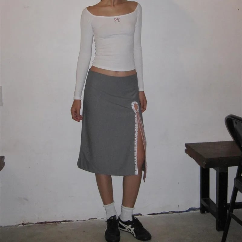 Grey Lace Bow Side Split Midi Skirt