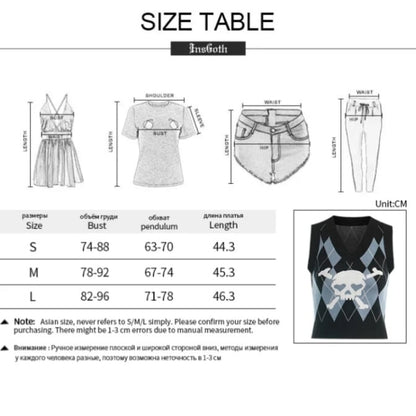 Cute Sexy V Neck Skull Print Knit Vest Sleeveless Crop Top Punk Goth Aesthetic Casual Summer E-Girl Kawaii Korean Japanese Harajuku