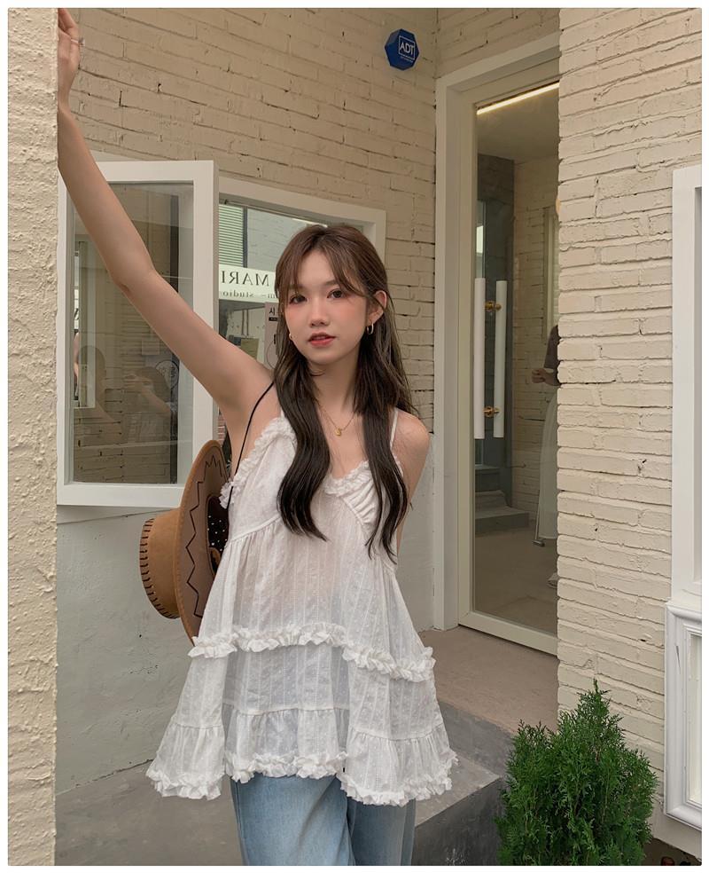 White Ruffle Spaghetti Strap Tank Top