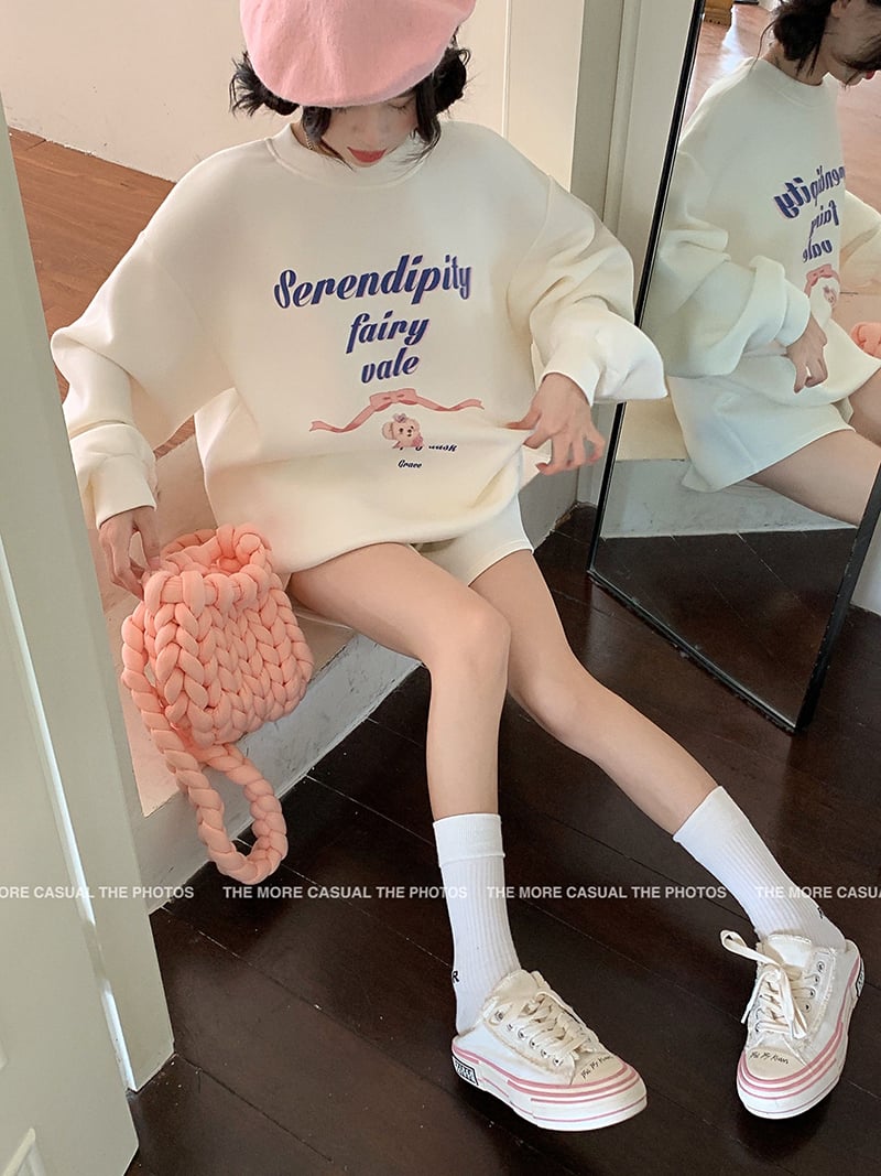 Bear Bow Letter Print Loose Sweatshirt