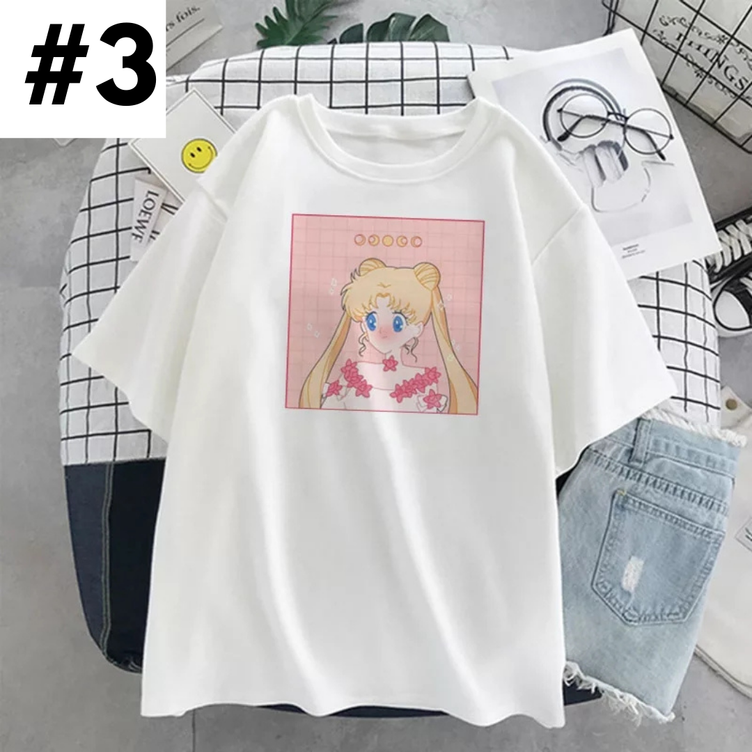Pastel Pink Japanese Anime Girl Cartoon Print Oversized Short Sleeve Shirt