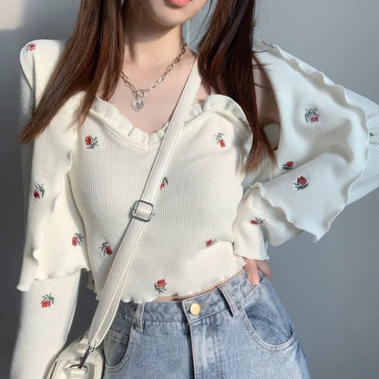 2PCS Floral Print Knit Camisole + Cardigan