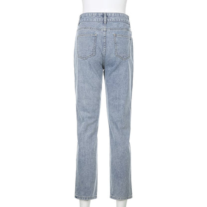 Cute Sweet Vintage Cherry Embroidery Light Washed Blue Denim Jeans High Waisted Cargo Slim Bottom E-Girl Kawaii Korean Japanese Harajuku Streetwear
