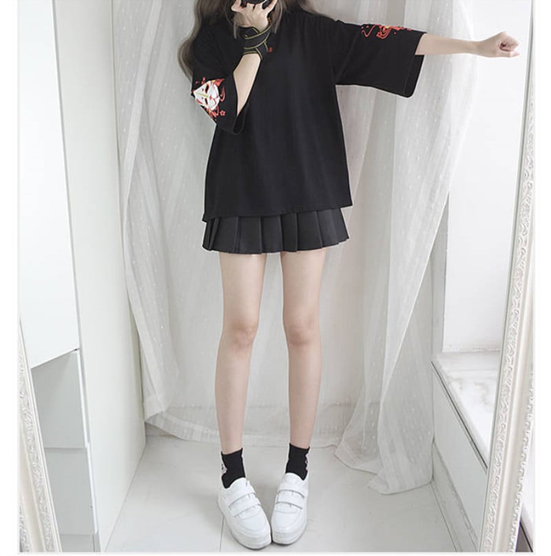 Fox Anime Cartoon Print Vintage Black T-shirt Short Sleeve Tee Shirt Causal Summer Top E-Girl Kawaii Korean Japanese Harajuku Streetwear