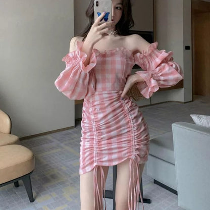 Cute Pink Gingham Plaid Off Shoulder Long Sleeve Drawstring Bodycon Dress Aesthetic Casual Summer E-Girl Kawaii Korean Japanese Harajuku