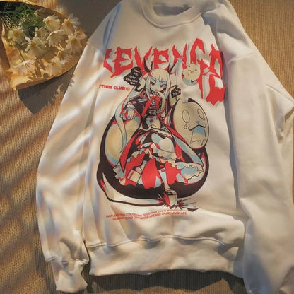 Cute Black Anime Girl Cartoon Print Long Sleeve Shirt Sweatshirt Pullover Goth Punk Aesthetic Casual Summer E-Girl Kawaii Korean Japanese Harajuku
