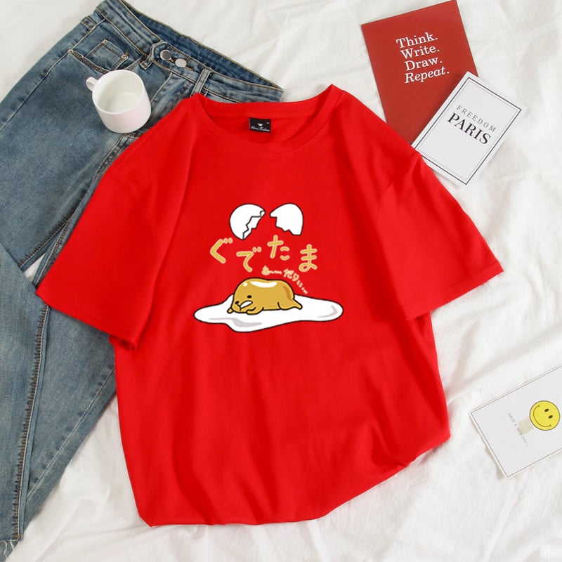 Funny Lazy Egg Cartoon Anime Print Casual Summer Loose Short Sleeve Tee Shirt T-shirt Top E-Girl Kawaii Korean Japanese Harajuku Streetwear