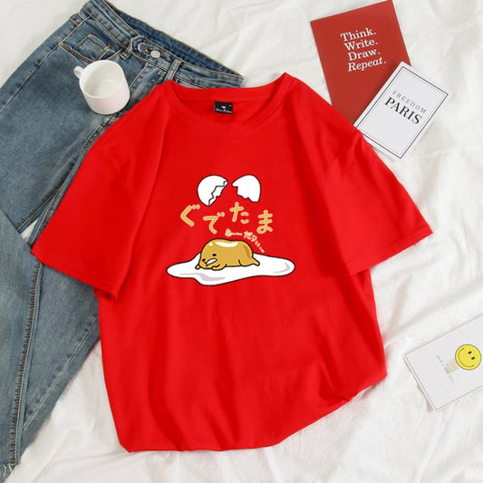 Funny Lazy Egg Cartoon Anime Print Casual Summer Loose Short Sleeve Tee Shirt T-shirt Top E-Girl Kawaii Korean Japanese Harajuku Streetwear