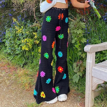 Cute Flower Knit Crochet Net Sheer Wide Leg Pants Long Boho Trousers Aesthetic Casual Summer E-Girl Kawaii Korean Japanese Harajuku