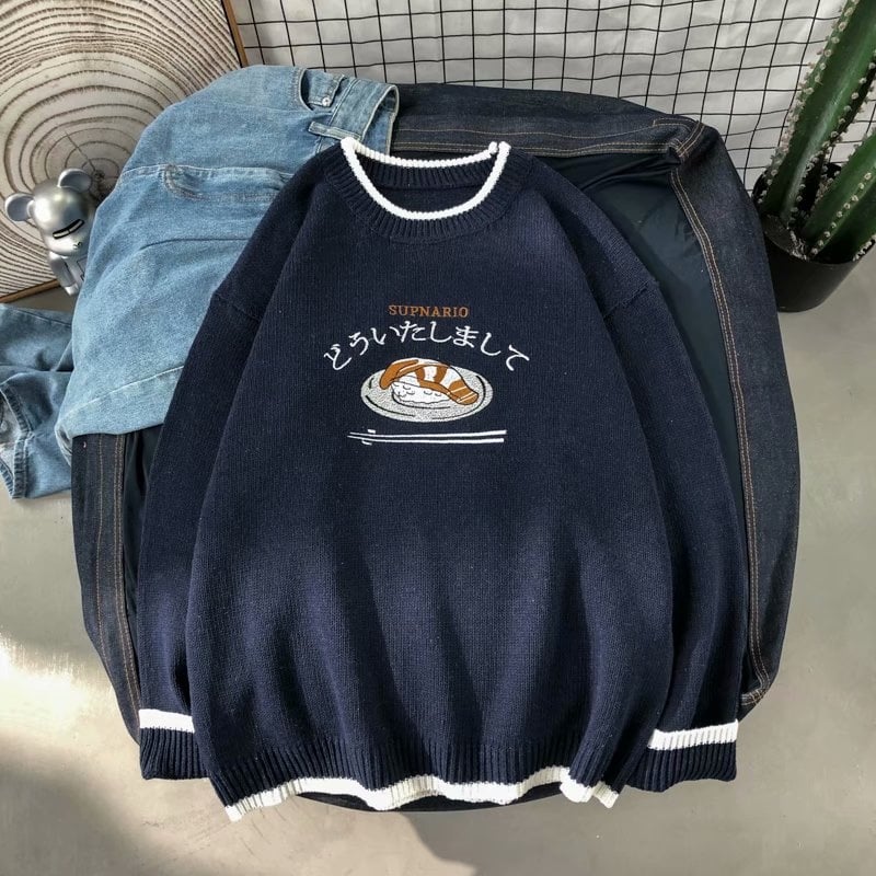 Cute Sushi Fish Knit Soft Long Sleeve Hoodie Oversized Loose Sweater Sweatshirt Pullover Jumper E-Girl Kawaii Korean Japanese Harajuku Streetwear