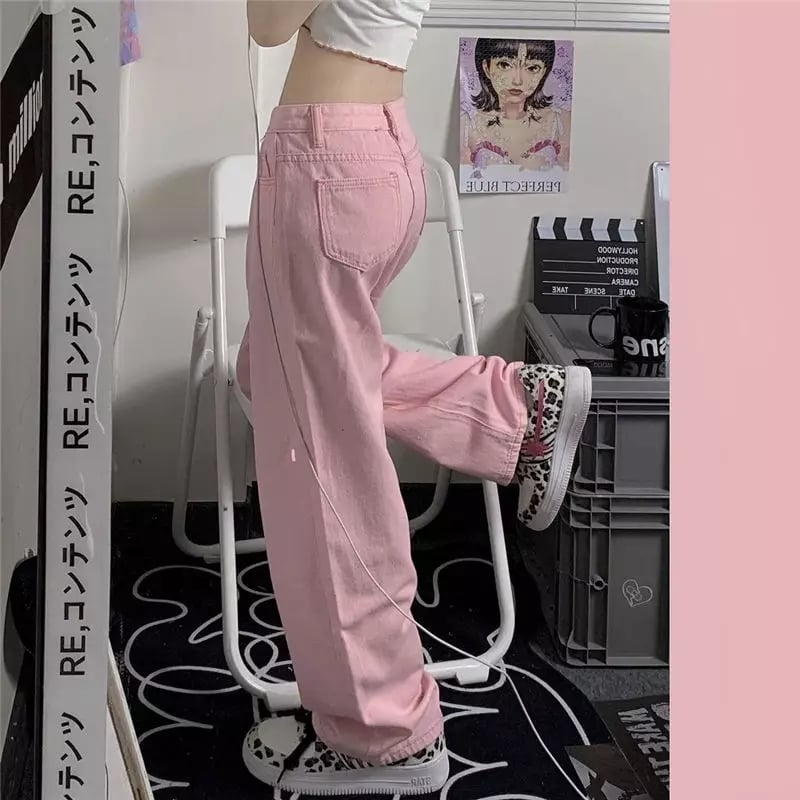 Cute Pink Baggy Oversized Loose Low Rise Wide Leg Denim Pants Trousers Aesthetic Casual Summer E-Girl Kawaii Korean Japanese Harajuku