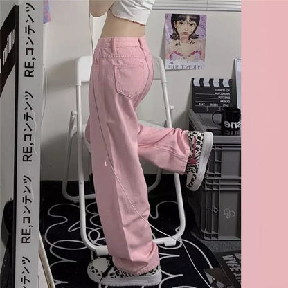 Cute Pink Baggy Oversized Loose Low Rise Wide Leg Denim Pants Trousers Aesthetic Casual Summer E-Girl Kawaii Korean Japanese Harajuku