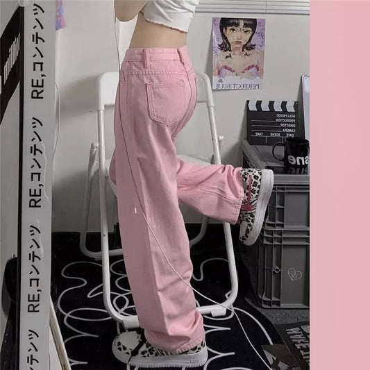Cute Pink Baggy Oversized Loose Low Rise Wide Leg Denim Pants Trousers Aesthetic Casual Summer E-Girl Kawaii Korean Japanese Harajuku