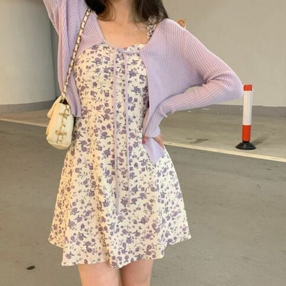 2PCS Purple Floral Spaghetti Strap Mini Dress + Cardigan