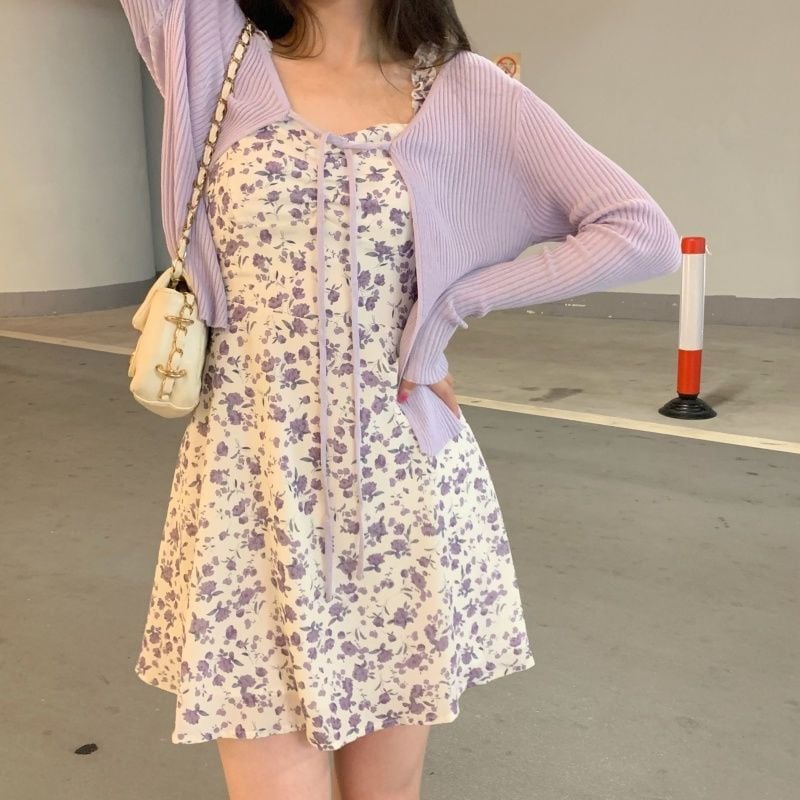2PCS Purple Floral Spaghetti Strap Mini Dress + Cardigan