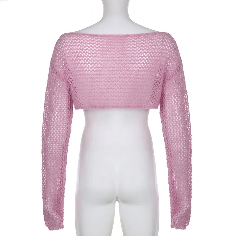 Pink Hollow Out Fishnet Long Sleeve Shirt