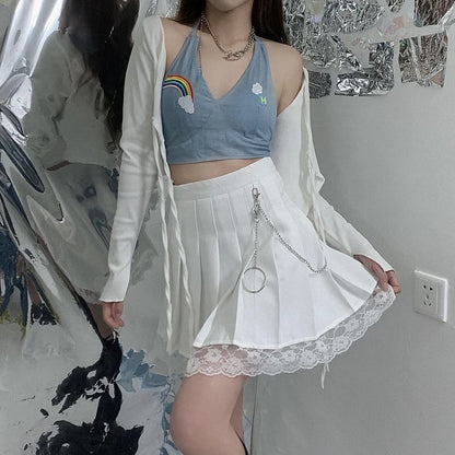 Cute White Black Chain Lace High Waist A-line Pleated Skirt Summer Aesthetic Casual E-Girl Kawaii Korean Japanese Harajuku