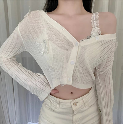 Cute Sweet Butterfly Knit Cardigan V Neck Crop Top Thin Long Sleeve T-shirt Vintage Aesthetic Casual Summer E-Girl Kawaii Korean Japanese Harajuku