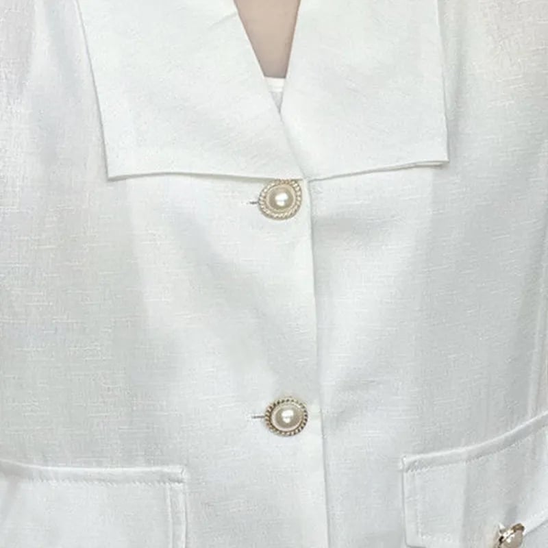 White Pearl Button Tweed Short Sleeve Blouse