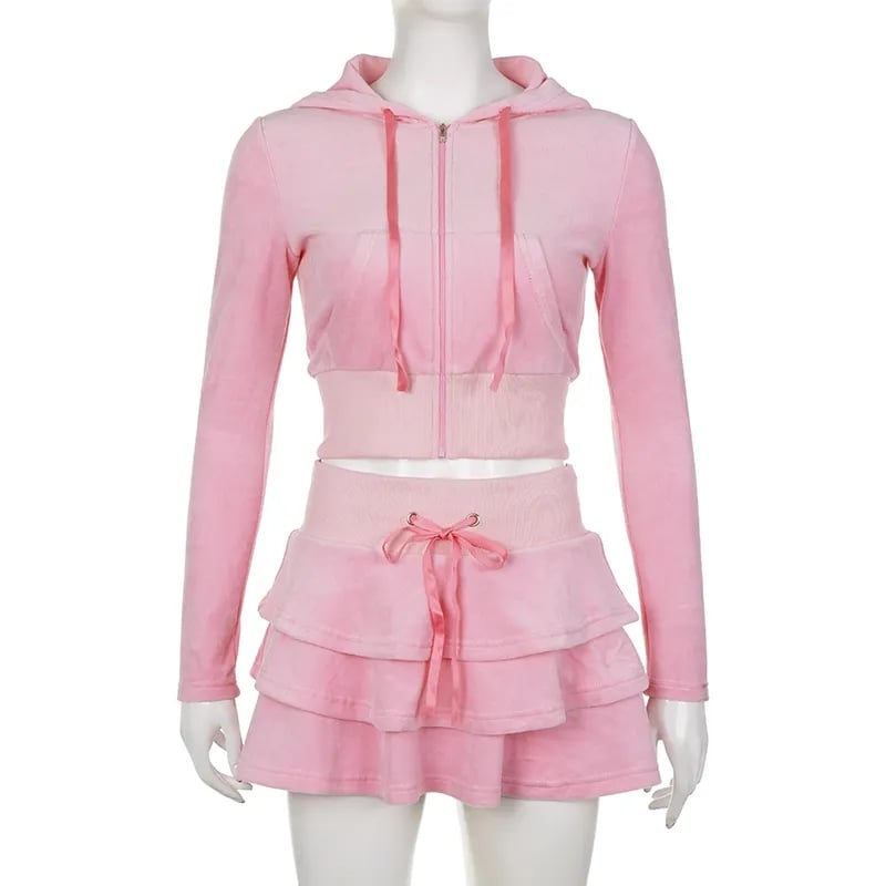 2PCS Pink Zipper Hoodie + Tiered Mini Skirt Set