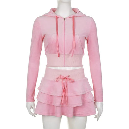 2PCS Pink Zipper Hoodie + Tiered Mini Skirt Set