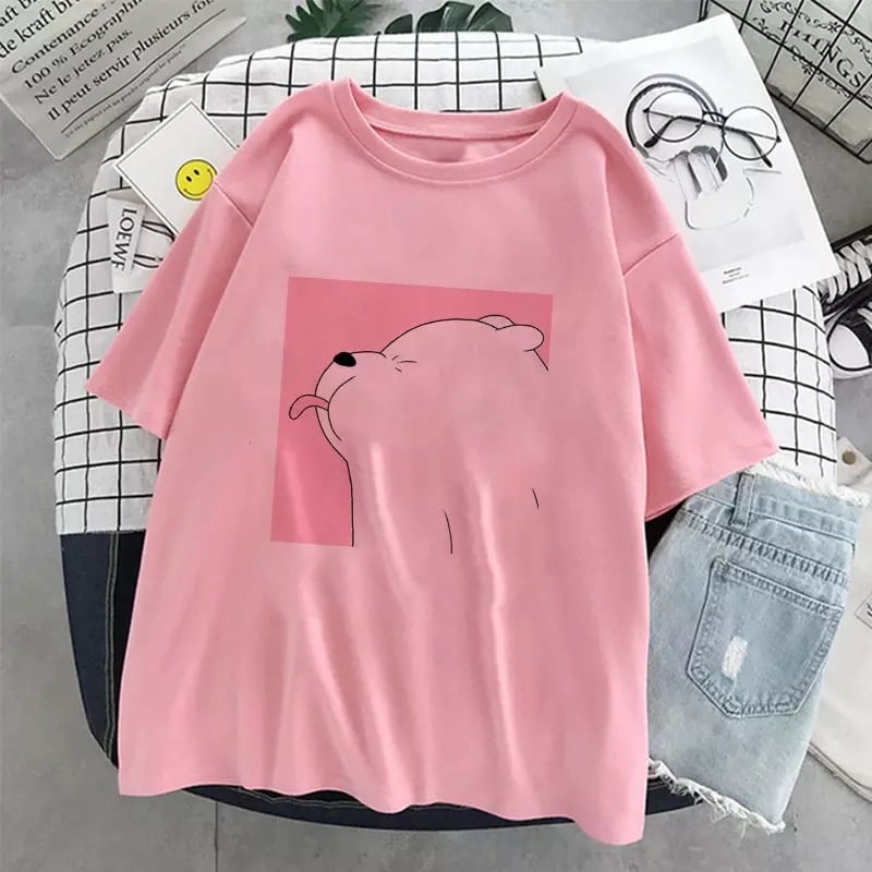 Cute Polar Bear Animal Print Cartoon Loose Oversize Short Sleeve Short T-shirt Tee Top Summer Casual E-Girl Kawaii Korean Japanese Harajuku Streetwear
