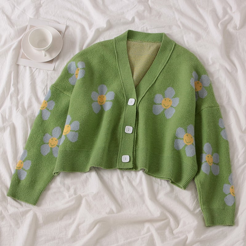 Cute Flower Preppy V Neck Loose Flower Knit Cardigan Sweater Korean Japanese Harajuku Chinese Streetwear Fashion